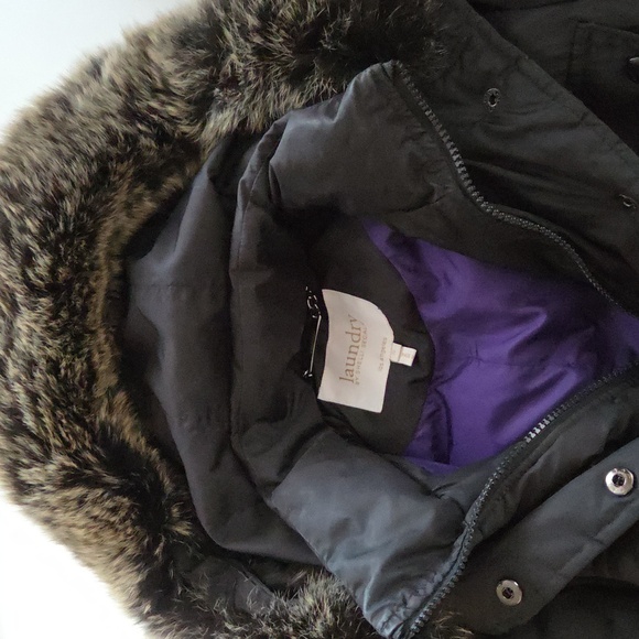 Laundry By Shelli Segal Dark Puffer Coat with Fur Trim - Picture 4 of 5